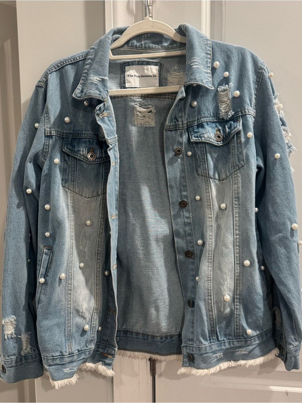 Pearl-Accent Light Blue Distressed Denim Jacket